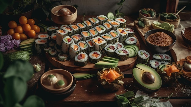 Uma mesa cheia de sushi e outros alimentos, incluindo abacate, pepino e abacate