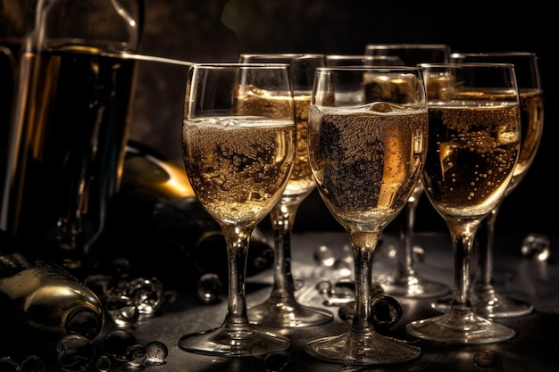 Uma mesa cheia de taças de champanhe com uma garrafa de champanhe ao fundo