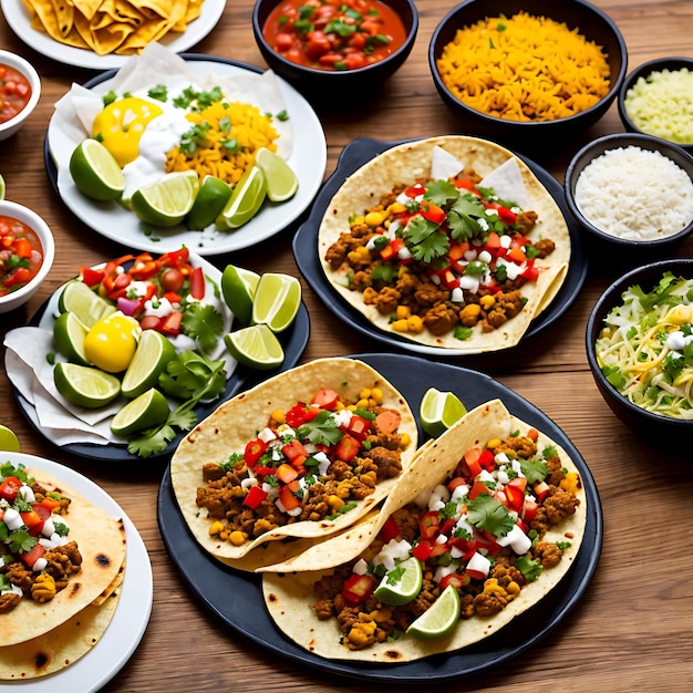 Uma mesa cheia de tacos, arroz e salsa.