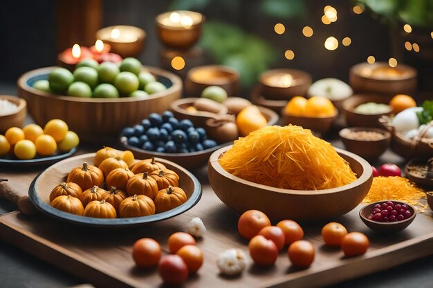 Uma mesa cheia de tigelas de comida, incluindo queijo, laranjas e outras frutas.