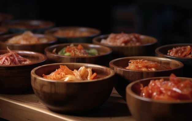 Foto uma mesa cheia de tigelas de pratos kimchi fundo de comida de restaurante cozinha tradicional gerada por ai