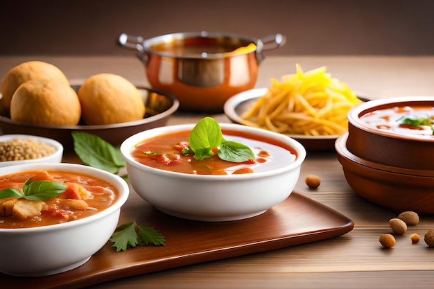 Uma mesa cheia de tigelas de sopa com diferentes alimentos, incluindo uma tigela de sopa de tomate.