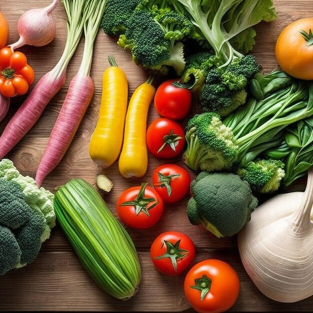 Uma mesa cheia de vegetais, incluindo brócolis, tomate, pepino e outros vegetais.