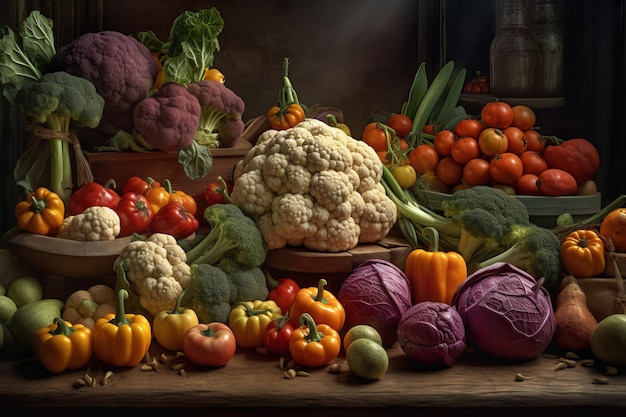 Uma mesa cheia de vegetais, incluindo couve-flor, couve-flor e couve-flor.