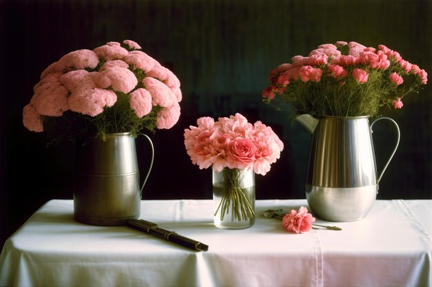 Uma mesa coberta com dois vasos cheios de flores cor-de-rosa