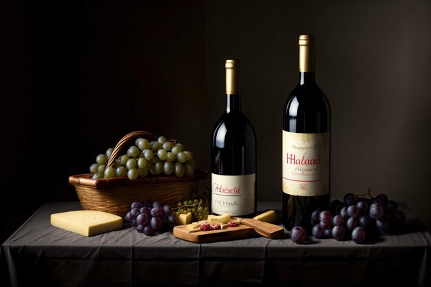 Uma mesa coberta com garrafas de vinho e queijo