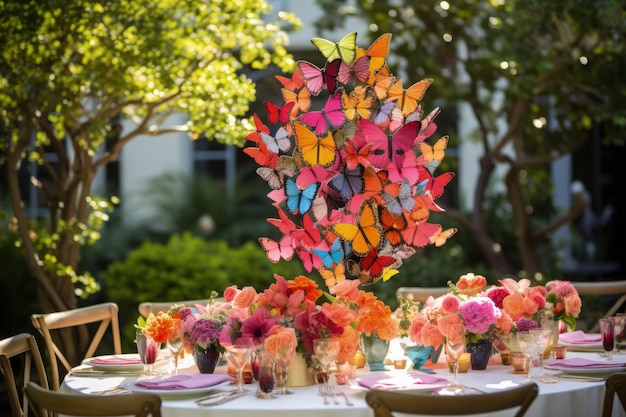 Foto uma mesa coberta com muitas flores cor-de-rosa e laranja