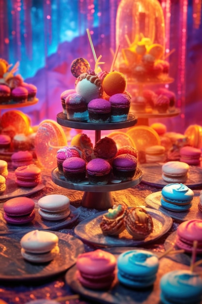 Foto uma mesa coberta com muitos macarons de cores diferentes imagem generativa de ia
