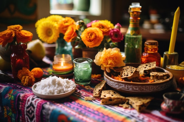 Uma mesa coberta com pratos de comida e flores