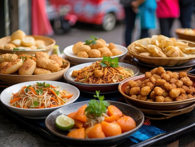 uma mesa coberta com tigelas de comida e pratos de comida