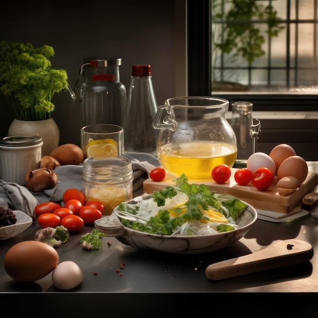 Foto uma mesa coberta com uma tigela de salada ao lado de ovos