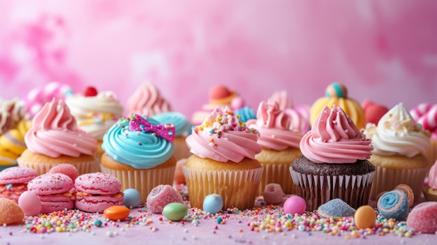 Uma mesa coberta de doces trata cupcakes e doces para um aniversário com tema de doces