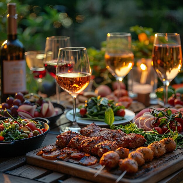 Foto uma mesa com alimentos e garrafas de vinho e copos de vinho