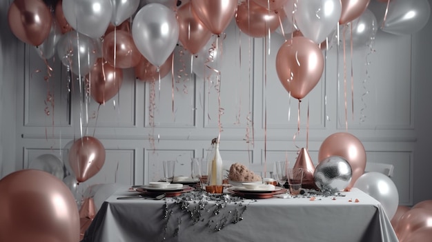 Uma mesa com balões rosa e dourado e uma garrafa de champanhe sobre ela.