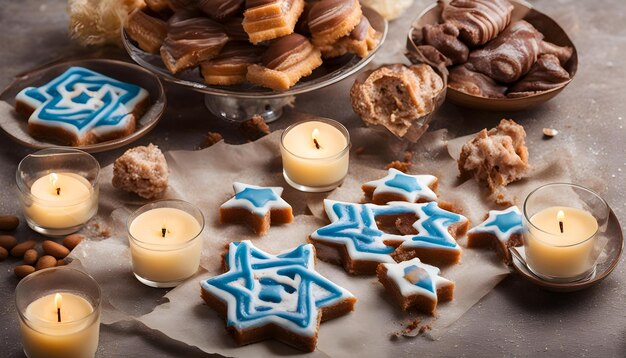 uma mesa com biscoitos e uma vela em forma de estrela