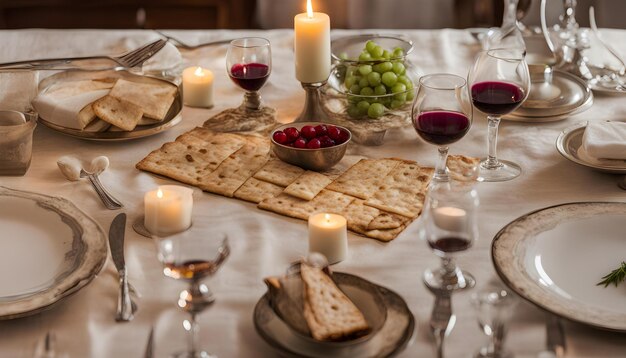 Foto uma mesa com biscoitos, uvas e copos de vinho