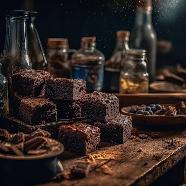 Uma mesa com brownies e uma garrafa de suco de mirtilo