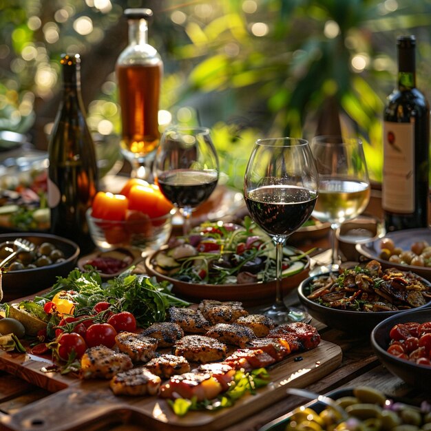 Foto uma mesa com comida e garrafas de vinho e garrafes de vinho