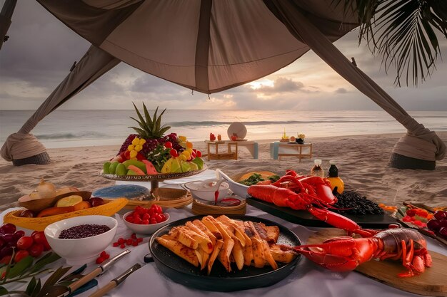 Foto uma mesa com comida e um guarda-chuva que diz frutos do mar