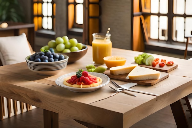 Uma mesa com comida e uma garrafa de suco de laranja