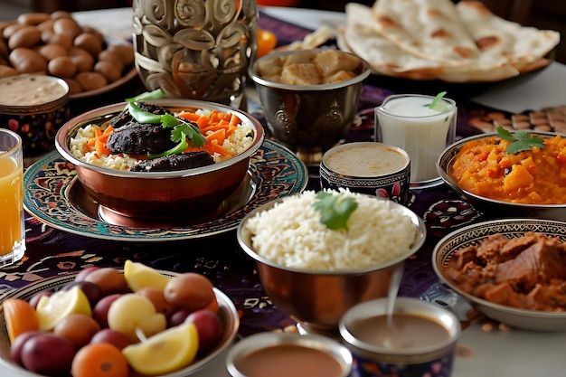 Foto uma mesa com comida e uma panela de arroz e um prato de arroz