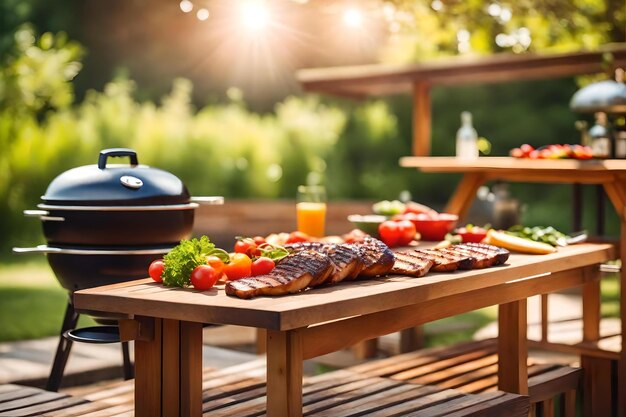 uma mesa com comida e uma panela de comida sobre ela