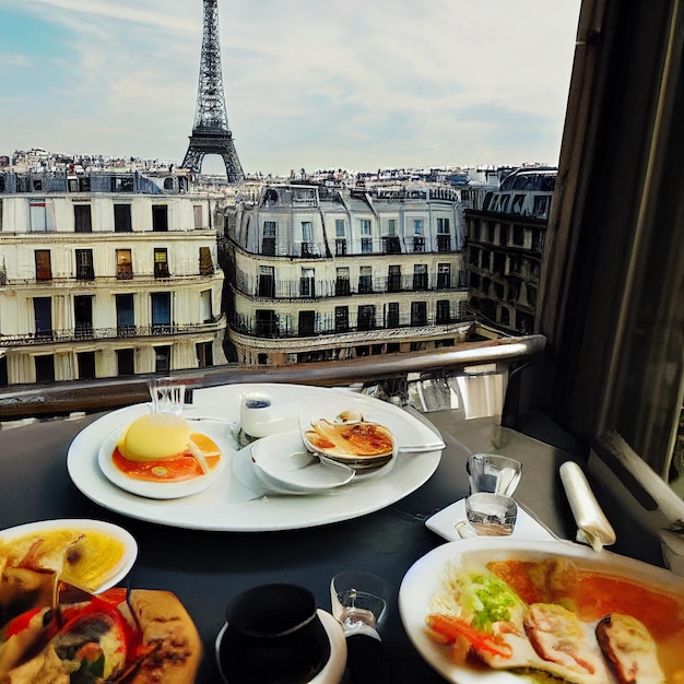 Foto uma mesa com comida e uma torre eiffel ao fundo