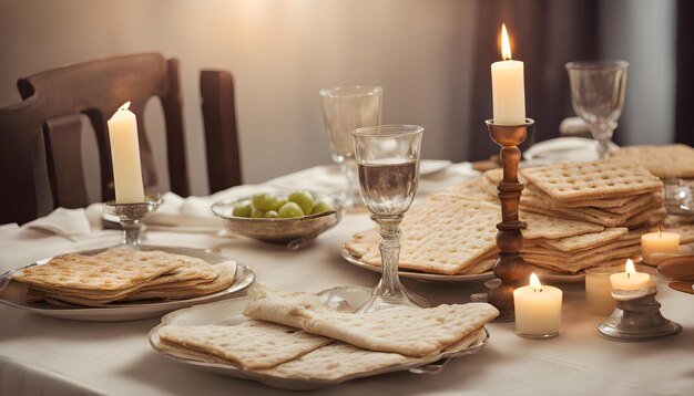 Foto uma mesa com comida e uma vela