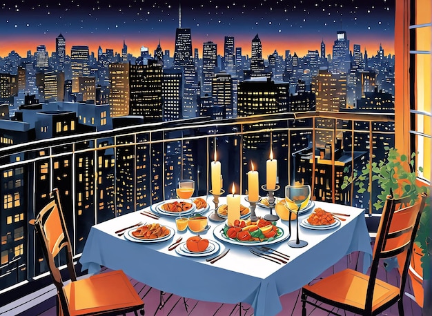 Foto uma mesa com comida e uma vista da cidade