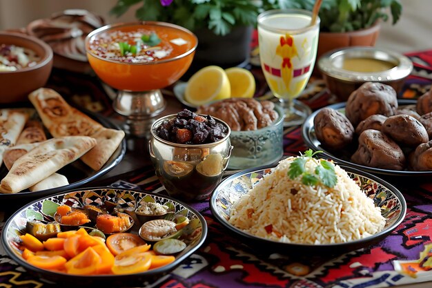 Foto uma mesa com comida, incluindo arroz, arroz e arroz