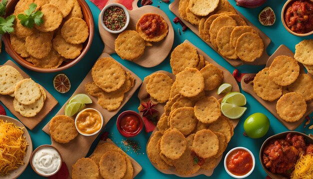 uma mesa com comida, incluindo batatas fritas e molhos