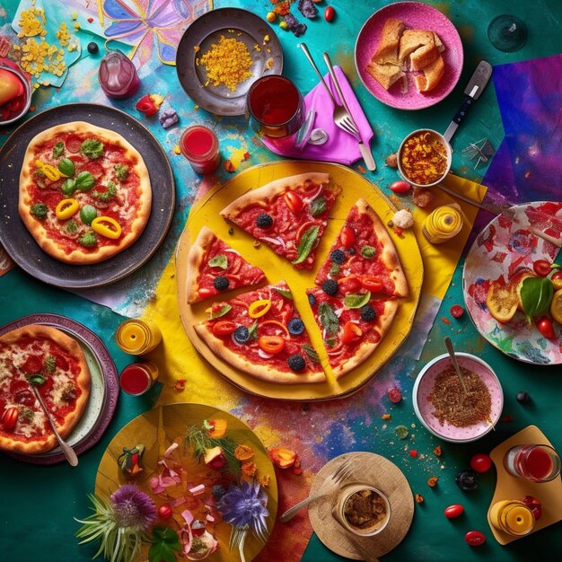 Foto uma mesa com comidas e bebidas, incluindo pizza, macarrão e frutas.