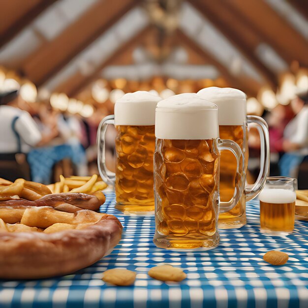 uma mesa com copos de cerveja e um prato de comida nele