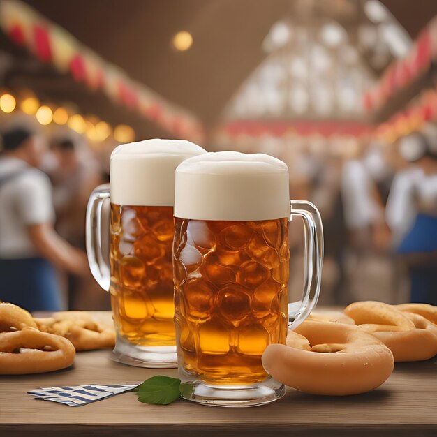 Foto uma mesa com copos de cerveja e um saco de donuts