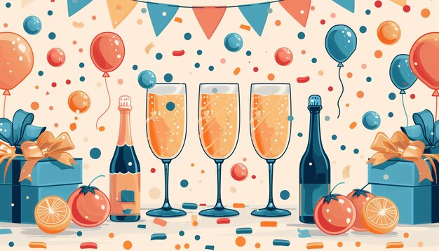 Uma mesa com copos de champanhe e balões coloridos para uma celebração de formatura