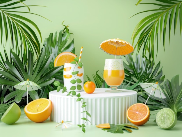uma mesa com copos de laranja e uma caixa de laranjas
