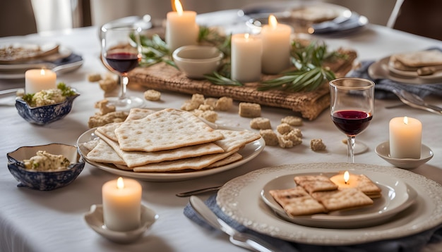 uma mesa com copos de vinho e biscoitos com uma vela no fundo