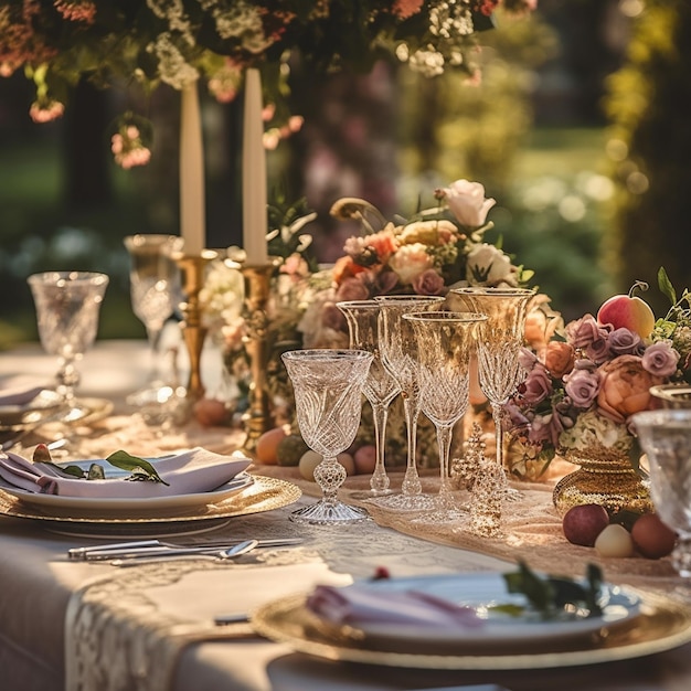 uma mesa com copos e pratos com flores