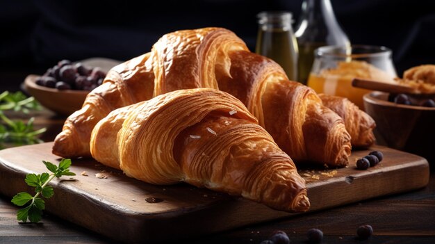 Uma mesa com croissants e geléias