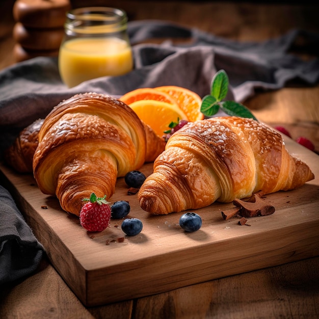 Uma mesa com croissants e um copo de leite