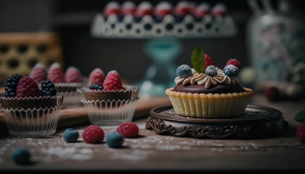 Uma mesa com cupcakes e um bolo