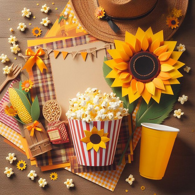 Foto uma mesa com cupcakes e uma xícara de pipoca