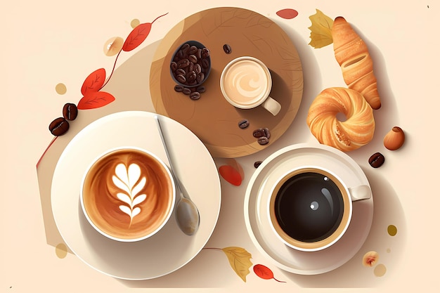 Uma mesa com duas xícaras de café e um croissant com um croissant em cima.