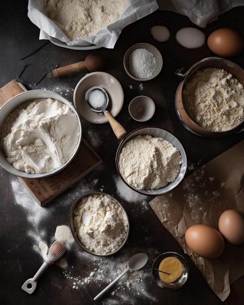 Uma mesa com farinha, ovos e farinha sobre ela