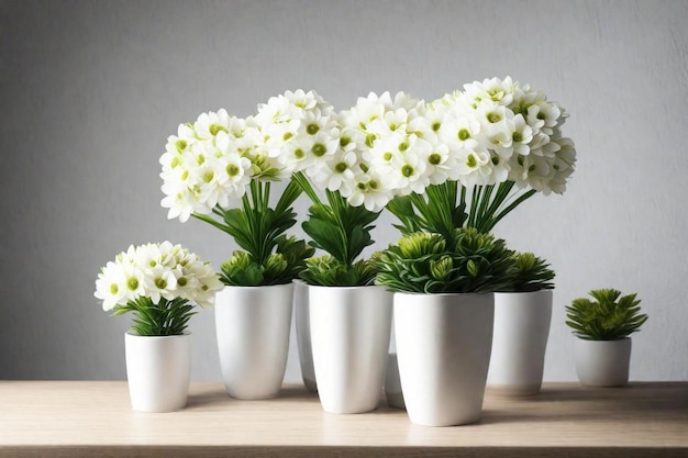 uma mesa com flores brancas e folhas verdes em vasos brancos