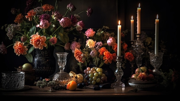 Uma mesa com flores e frutas e um vaso com flores e uma vela.