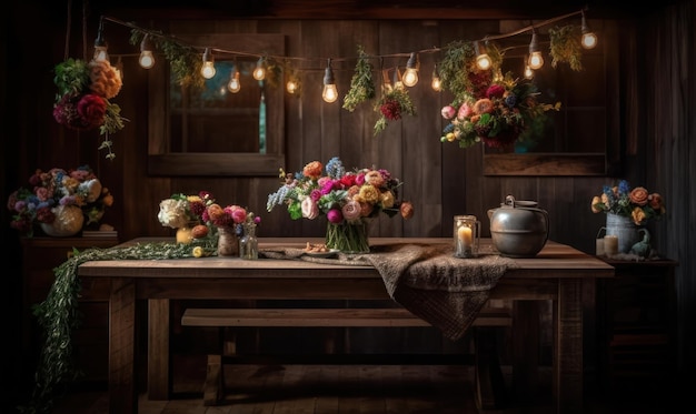 Uma mesa com flores e luzes penduradas no teto