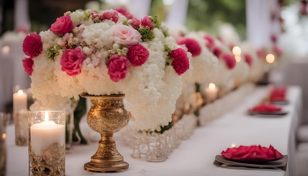 Foto uma mesa com flores e velas e uma bandeja de flores sobre ela