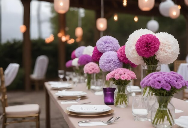 uma mesa com flores e velas