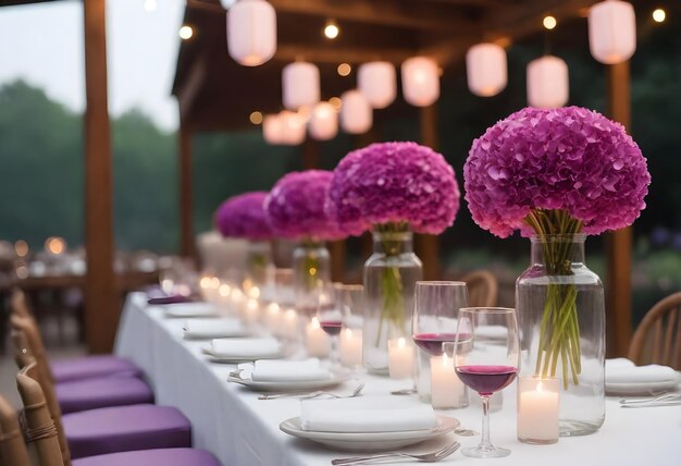 uma mesa com flores roxas e velas sobre ela